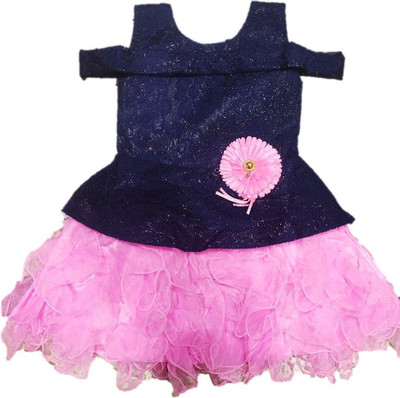 Aruna Trend Baby Girls Calf Length Festive/Wedding Dress(Pink, Blue, Cap Sleeve)