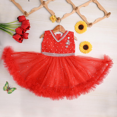 S K Fashion Indi Girls Midi/Knee Length Festive/Wedding Dress(Red, Sleeveless)