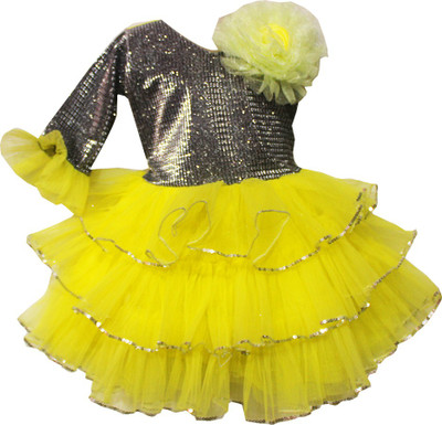 kridh store Baby Girls Midi/Knee Length Festive/Wedding Dress(Yellow, Fashion Sleeve)