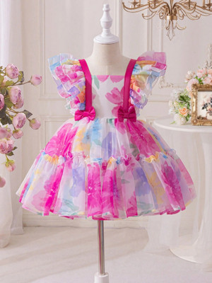 Miss & Chief Indi Girls Midi/Knee Length Party Dress(White, Fashion Sleeve)