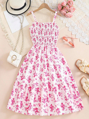 denizli fashion Indi Girls Midi/Knee Length Casual Dress(Pink, White, Sleeveless)