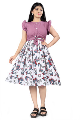 Njushxa Indi Girls Midi/Knee Length Festive/Wedding Dress(Purple, Short Sleeve)