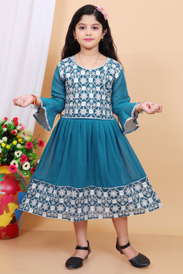 StarKidsFashion Girls Midi/Knee Length Festive/Wedding Dress(Dark Blue, Full Sleeve)
