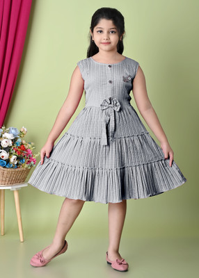 J N ENTERPRSE Girls Below Knee Casual Dress(Grey, Sleeveless)
