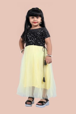 Veloni Indi Girls Maxi/Full Length Casual Dress(Yellow, Short Sleeve)