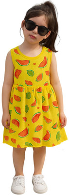 KIdbea Indi Girls Above Knee Casual Dress(Yellow, Short Sleeve)