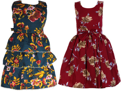 Hunoor Girls Below Knee Casual Dress(Multicolor, Sleeveless)