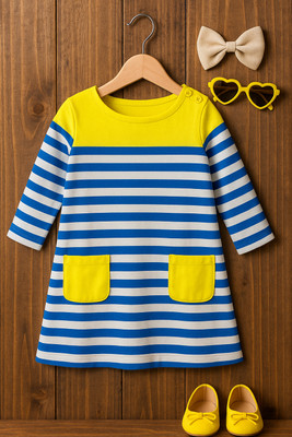 THREEPEAS Girls Midi/Knee Length Casual Dress(Blue, Yellow, Half Sleeve)
