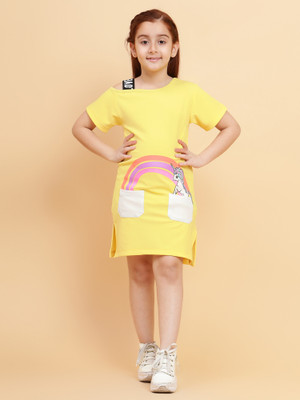 Yk Girls Midi/Knee Length Casual Dress(Yellow, Half Sleeve)