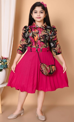 Z NEW KOLPONA FASHION Indi Girls Midi/Knee Length Casual Dress(Pink, 3/4 Sleeve)