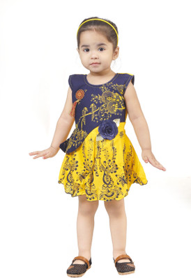R.D.FASHION Girls Midi/Knee Length Casual Dress(Yellow, Sleeveless)