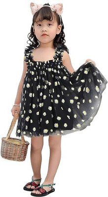 SiddatKidDaisy Indi Baby Girls Above Knee Party Dress(Black, White, Sleeveless)