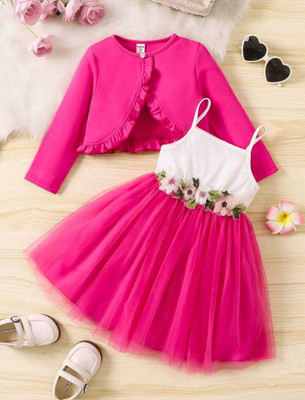 MICHIF FASHION Baby Girls Midi/Knee Length Festive/Wedding Dress(Pink, 3/4 Sleeve)