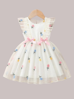 Radhakrishna Enterprise Girls Midi/Knee Length Festive/Wedding Dress(White, Sleeveless)