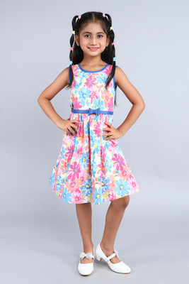 Funshine Indi Girls Midi/Knee Length Casual Dress(White, Sleeveless)