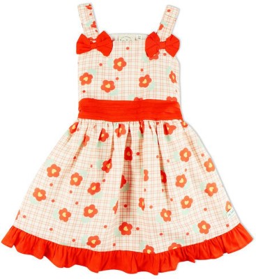 TINY TWILLS Girls Midi/Knee Length Casual Dress(Orange, Sleeveless)