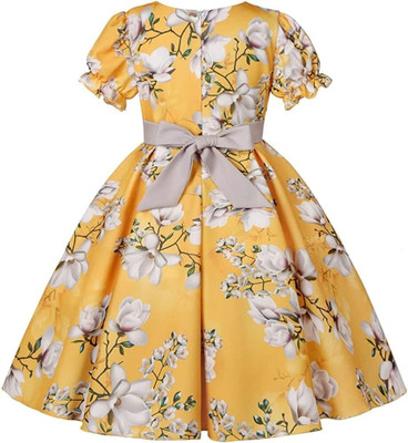 Amavya Fashions Girls Midi/Knee Length Casual Dress(Yellow, Short Sleeve)