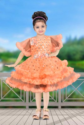 Afashion Girls Below Knee Festive/Wedding Dress(Orange, Half Sleeve)