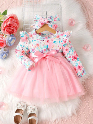 Miss & Chief Girls Midi/Knee Length Party Dress(Pink, Full Sleeve)