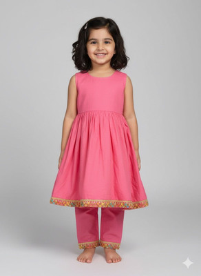 FLEXAA Indi Girls Above Knee Festive/Wedding Dress(Pink, Sleeveless)