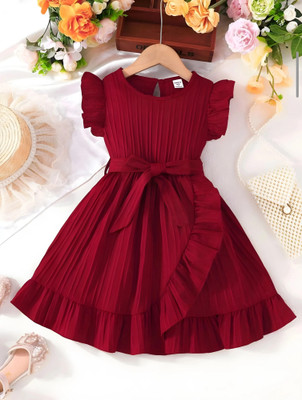 Tanjila Fashion Girls Midi/Knee Length Festive/Wedding Dress(Maroon, Short Sleeve)