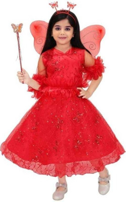 apna collection Girls Maxi/Full Length Party Dress(Red, 3/4 Sleeve)