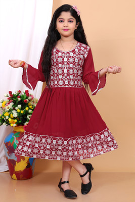Samshil Fashion Girls Midi/Knee Length Festive/Wedding Dress(Maroon, 3/4 Sleeve)