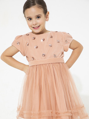 Cherry Crumble by Nitt Hyman Indi Girls Midi/Knee Length Casual Dress(Beige, Short Sleeve)
