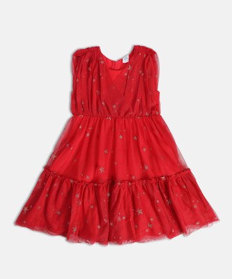 MINI KLUB Girls Midi/Knee Length Casual Dress(Red, Sleeveless)