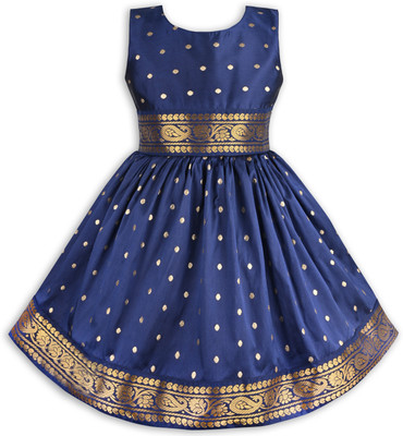 Wishkaro Girls Midi/Knee Length Festive/Wedding Dress(Dark Blue, Sleeveless)