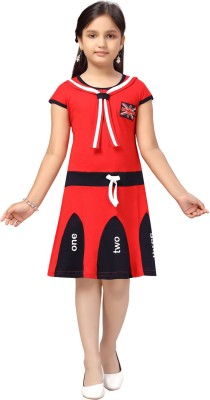 Aarika Girls Midi/Knee Length Casual Dress(Red, Short Sleeve)