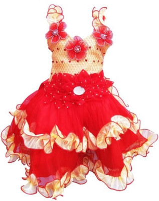 aruna creation Girls Midi/Knee Length Party Dress(Red, Sleeveless)