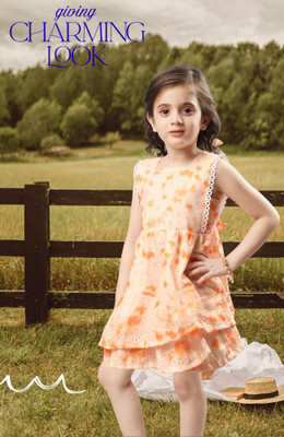 VAVA Creation Girls Midi/Knee Length Casual Dress(Orange, Sleeveless)