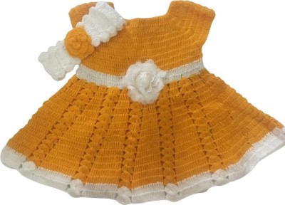 Crochet handmade Baby Girls Midi/Knee Length Festive/Wedding Dress(Yellow, Half Sleeve)