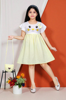 SK Collection Girls Above Knee Casual Dress(Yellow, Short Sleeve)