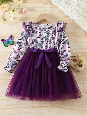 Amavya Fashions Baby Girls Midi/Knee Length Casual Dress(Purple, 3/4 Sleeve)