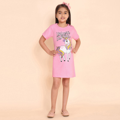 Yk Girls Above Knee Casual Dress(Pink, Half Sleeve)