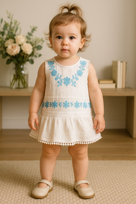 THREEPEAS Girls Midi/Knee Length Casual Dress(White, Sleeveless)