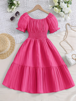 Ethit Indi Girls Midi/Knee Length Casual Dress(Pink, Short Sleeve)