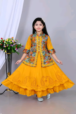 A Asma dresses Indi Girls Maxi/Full Length Casual Dress(Yellow, 3/4 Sleeve)