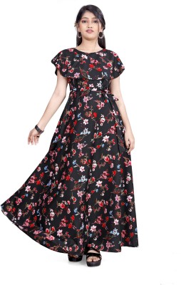 Aarya Designer Girls Maxi/Full Length Casual Dress(Black, Short Sleeve)