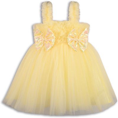 Wishkaro Girls Midi/Knee Length Party Dress(Yellow, Sleeveless)