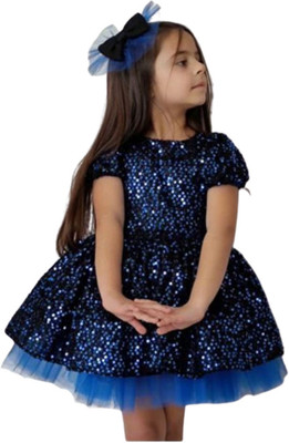 Gen Alfa Girls Midi/Knee Length Party Dress(Blue, Short Sleeve)