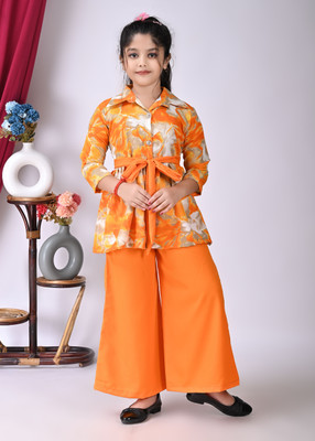 Vastra Girls Festive & Party Kurta and Palazzo Set(Orange Pack of 1)