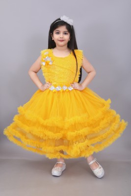 Maher Dresses Indi Girls Below Knee Festive/Wedding Dress(Yellow, Sleeveless)