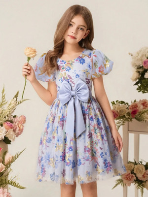SANVI ENTERPRISE Indi Baby Girls Midi/Knee Length Festive/Wedding Dress(Blue, Short Sleeve)