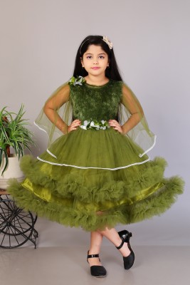 PN fashion Girls Below Knee Festive/Wedding Dress(Green, Fashion Sleeve)