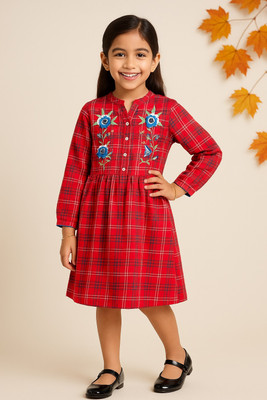 Miyo Indi Girls Midi/Knee Length Festive/Wedding Dress(Red, Full Sleeve)