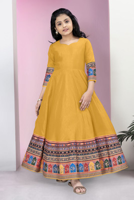 Sangria Girls Maxi/Full Length Festive/Wedding Dress(Yellow, 3/4 Sleeve)