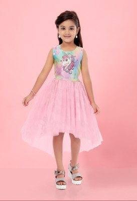 MUHURATAM Indi Girls Midi/Knee Length Party Dress(Pink, Sleeveless)